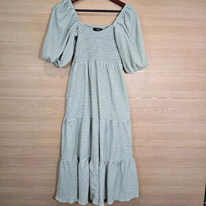 O.P.T Smocked Balloon Sleeve Tiered Midi Tea Dress Sundress Striped‎ Size Medium